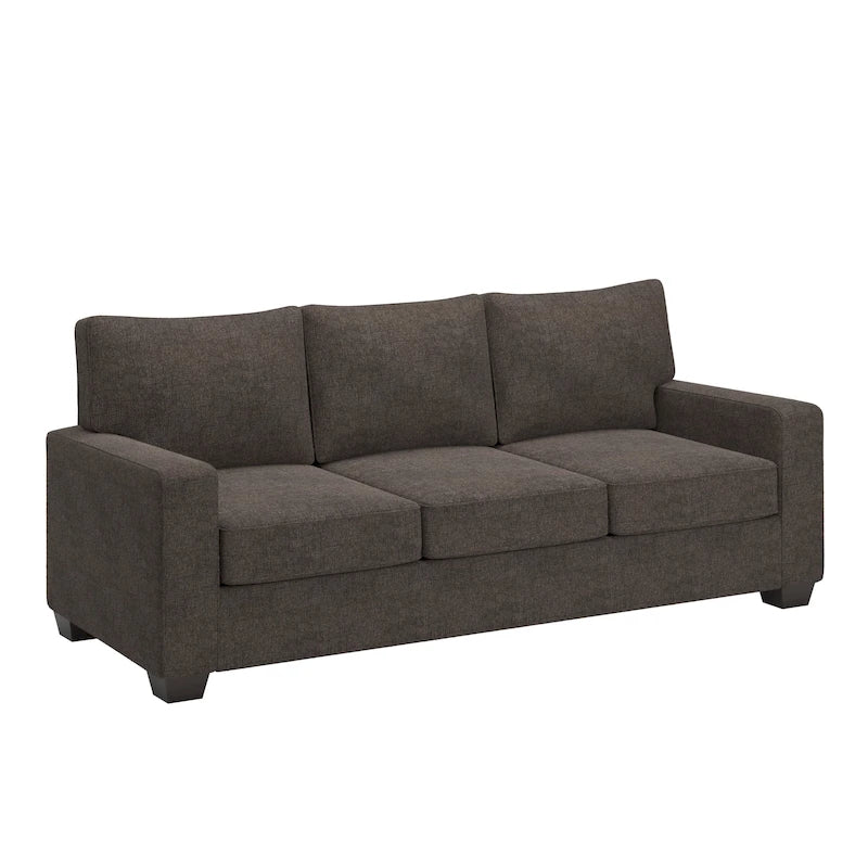 Canapé moderne en tissu à accoudoirs carrés, gris/noir/beige/marron/bleu, avec pieds en bois d'hévéa couleur expresso – 3 places