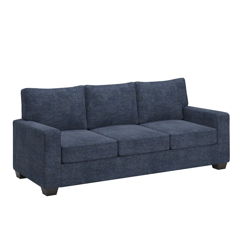 Canapé moderne en tissu à accoudoirs carrés, gris/noir/beige/marron/bleu, avec pieds en bois d'hévéa couleur expresso – 3 places