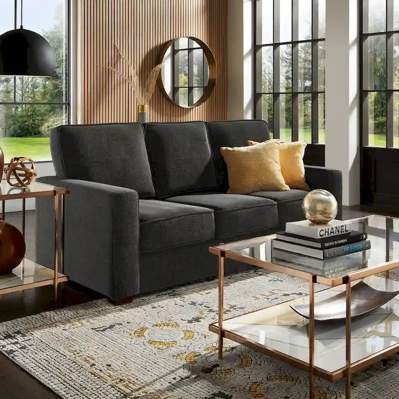 Canapé moderne en tissu à accoudoirs carrés, gris/noir/beige/marron/bleu, avec pieds en bois d'hévéa couleur expresso – 3 places