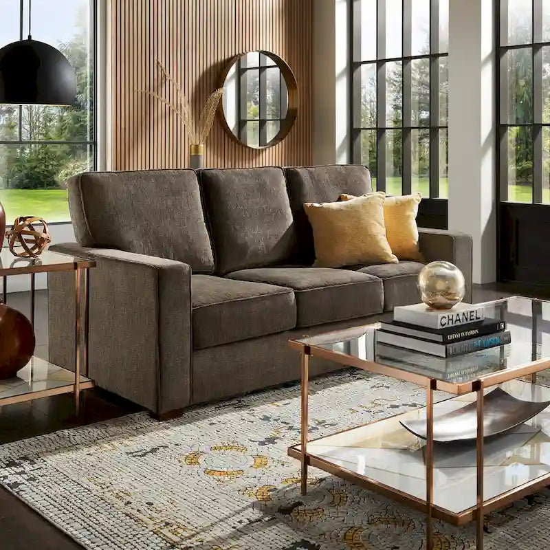 Canapé moderne en tissu à accoudoirs carrés, gris/noir/beige/marron/bleu, avec pieds en bois d'hévéa couleur expresso – 3 places
