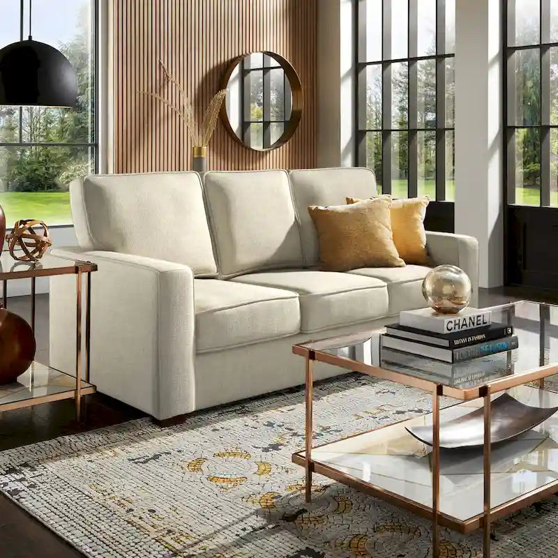 Canapé moderne en tissu à accoudoirs carrés, gris/noir/beige/marron/bleu, avec pieds en bois d'hévéa couleur expresso – 3 places