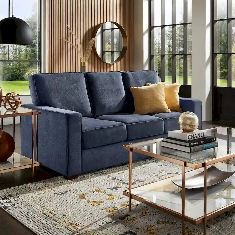 Canapé moderne en tissu à accoudoirs carrés, gris/noir/beige/marron/bleu, avec pieds en bois d'hévéa couleur expresso – 3 places