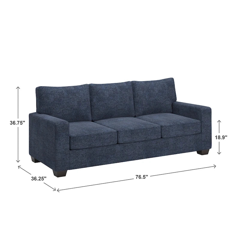 Canapé moderne en tissu à accoudoirs carrés, gris/noir/beige/marron/bleu, avec pieds en bois d'hévéa couleur expresso – 3 places