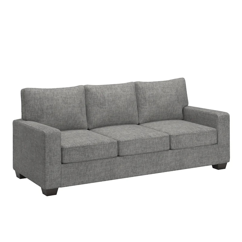 Canapé moderne en tissu à accoudoirs carrés, gris/noir/beige/marron/bleu, avec pieds en bois d'hévéa couleur expresso – 3 places