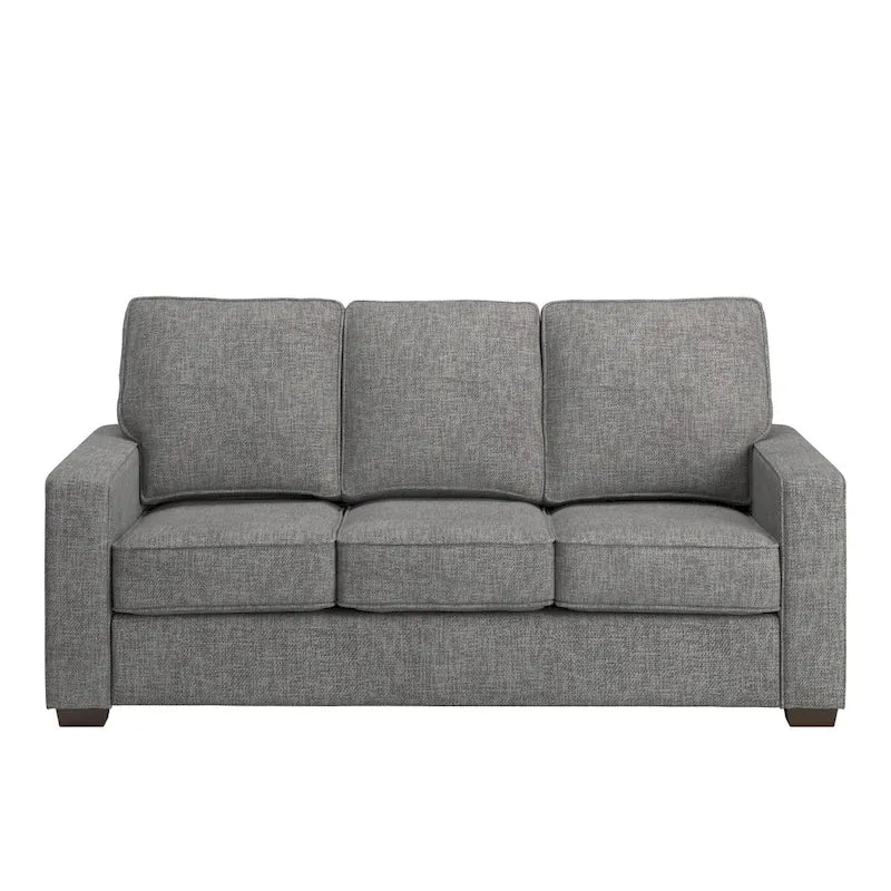 Canapé moderne en tissu à accoudoirs carrés, gris/noir/beige/marron/bleu, avec pieds en bois d'hévéa couleur expresso – 3 places