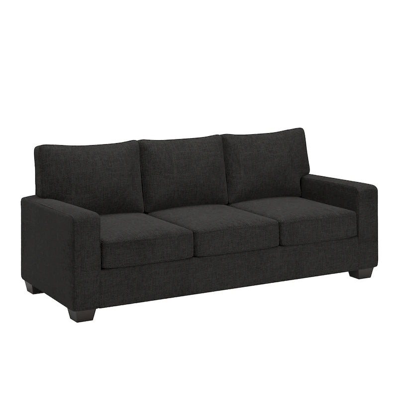 Canapé moderne en tissu à accoudoirs carrés, gris/noir/beige/marron/bleu, avec pieds en bois d'hévéa couleur expresso – 3 places