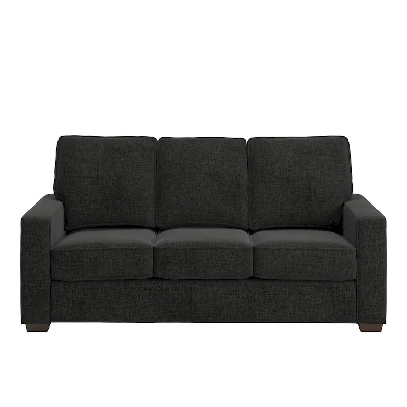 Canapé moderne en tissu à accoudoirs carrés, gris/noir/beige/marron/bleu, avec pieds en bois d'hévéa couleur expresso – 3 places