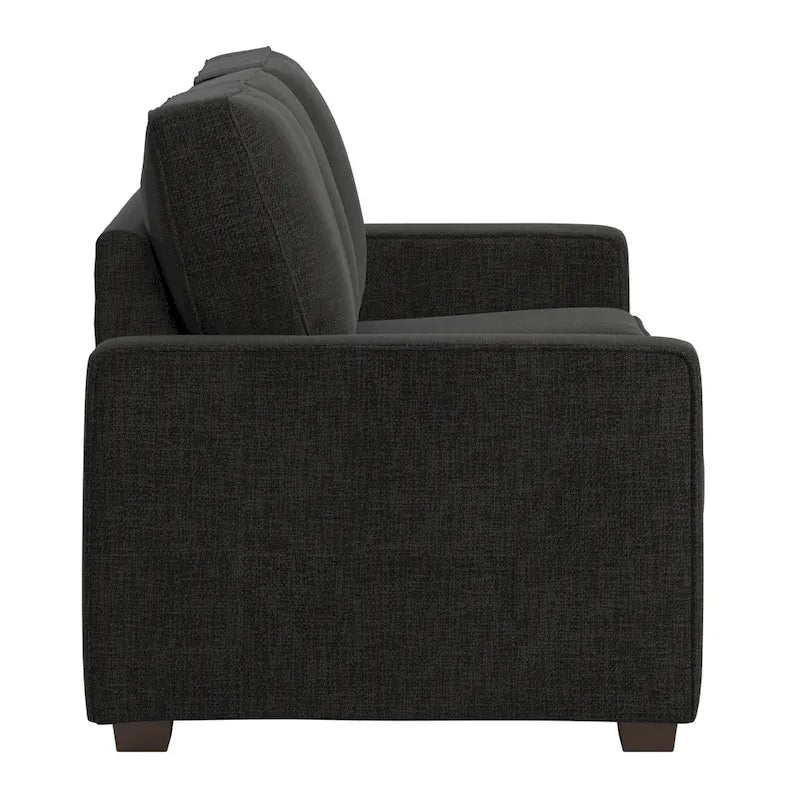 Canapé moderne en tissu à accoudoirs carrés, gris/noir/beige/marron/bleu, avec pieds en bois d'hévéa couleur expresso – 3 places