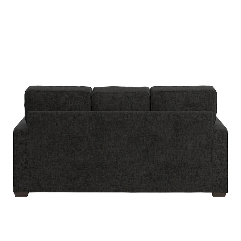 Canapé moderne en tissu à accoudoirs carrés, gris/noir/beige/marron/bleu, avec pieds en bois d'hévéa couleur expresso – 3 places