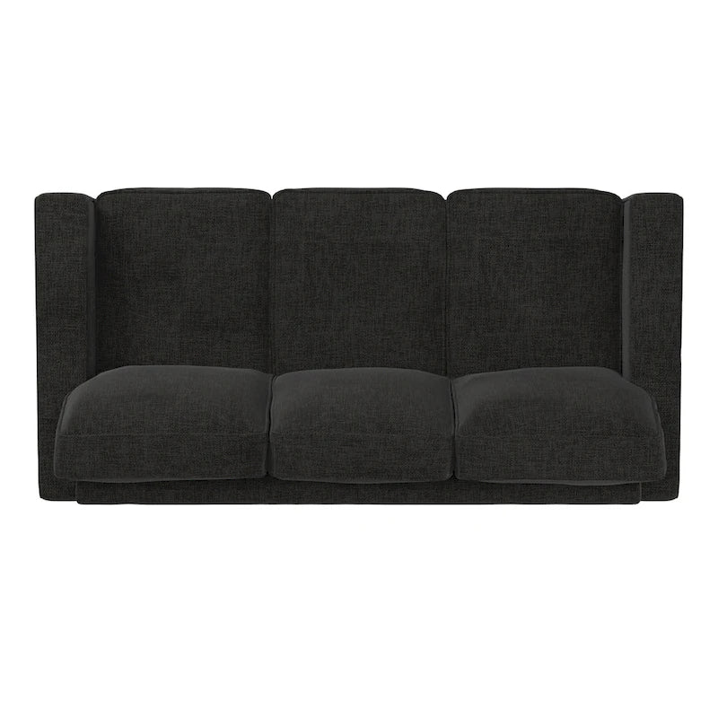 Canapé moderne en tissu à accoudoirs carrés, gris/noir/beige/marron/bleu, avec pieds en bois d'hévéa couleur expresso – 3 places