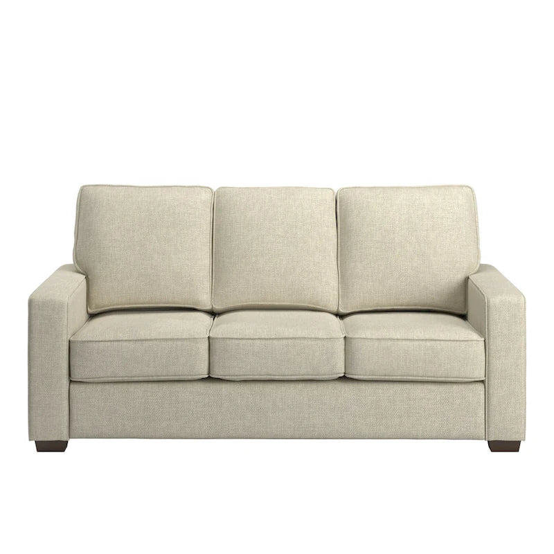 Canapé moderne en tissu à accoudoirs carrés, gris/noir/beige/marron/bleu, avec pieds en bois d'hévéa couleur expresso – 3 places