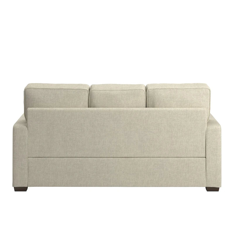 Canapé moderne en tissu à accoudoirs carrés, gris/noir/beige/marron/bleu, avec pieds en bois d'hévéa couleur expresso – 3 places