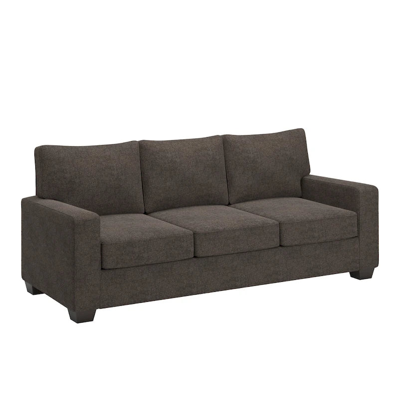 Canapé moderne en tissu à accoudoirs carrés, gris/noir/beige/marron/bleu, avec pieds en bois d'hévéa couleur expresso – 3 places