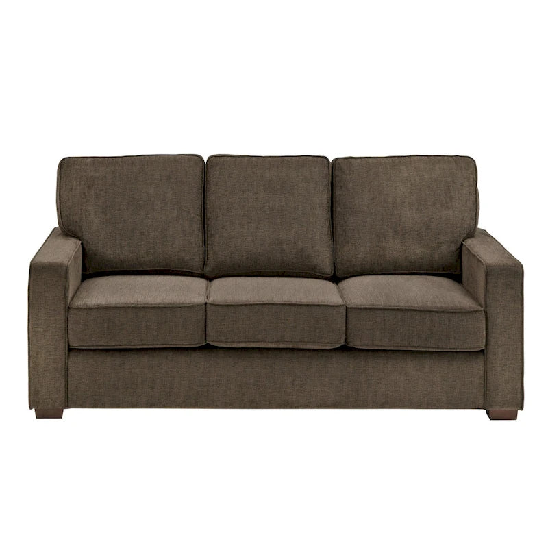 Canapé moderne en tissu à accoudoirs carrés, gris/noir/beige/marron/bleu, avec pieds en bois d'hévéa couleur expresso – 3 places