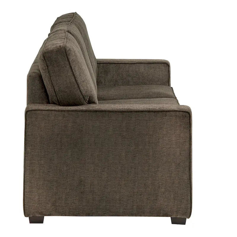 Canapé moderne en tissu à accoudoirs carrés, gris/noir/beige/marron/bleu, avec pieds en bois d'hévéa couleur expresso – 3 places