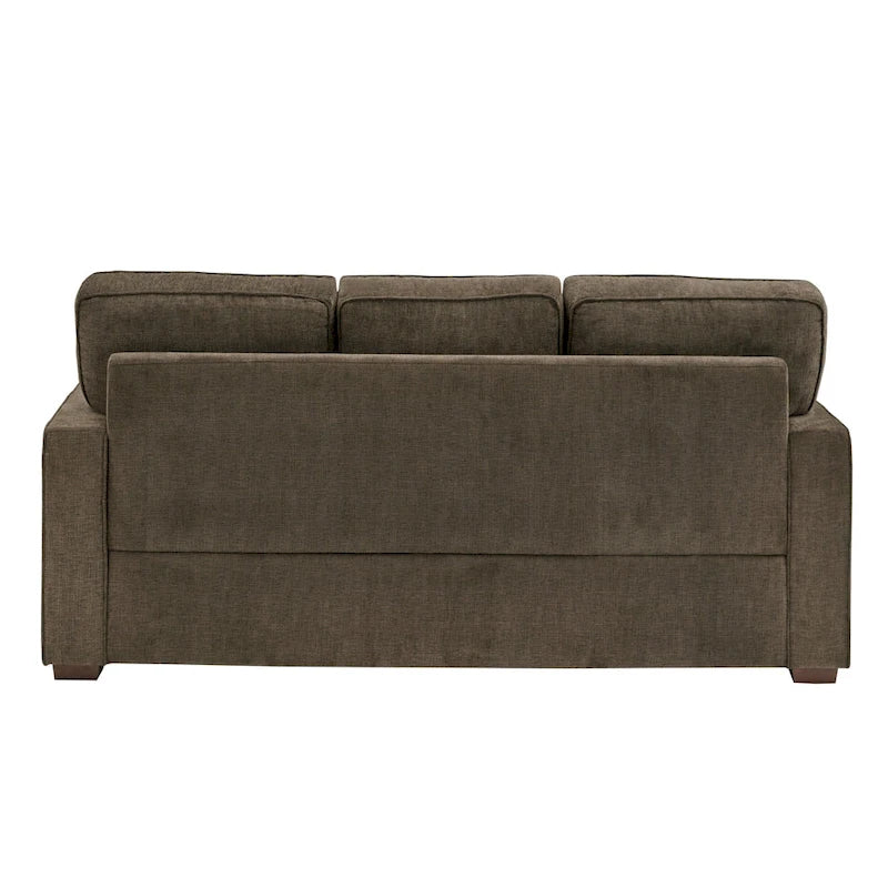 Canapé moderne en tissu à accoudoirs carrés, gris/noir/beige/marron/bleu, avec pieds en bois d'hévéa couleur expresso – 3 places