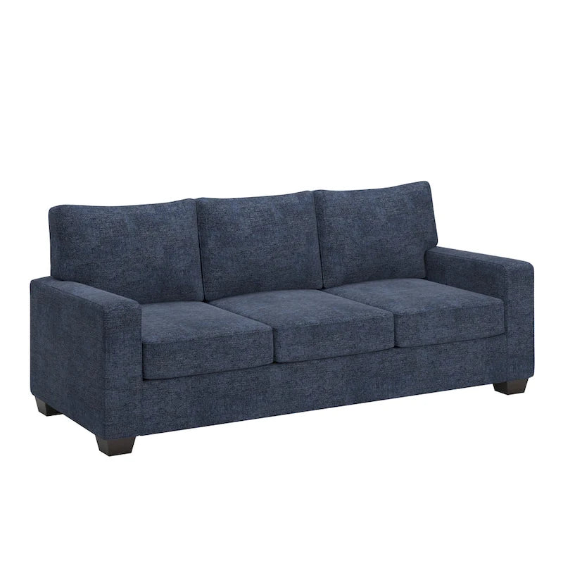 Canapé moderne en tissu à accoudoirs carrés, gris/noir/beige/marron/bleu, avec pieds en bois d'hévéa couleur expresso – 3 places