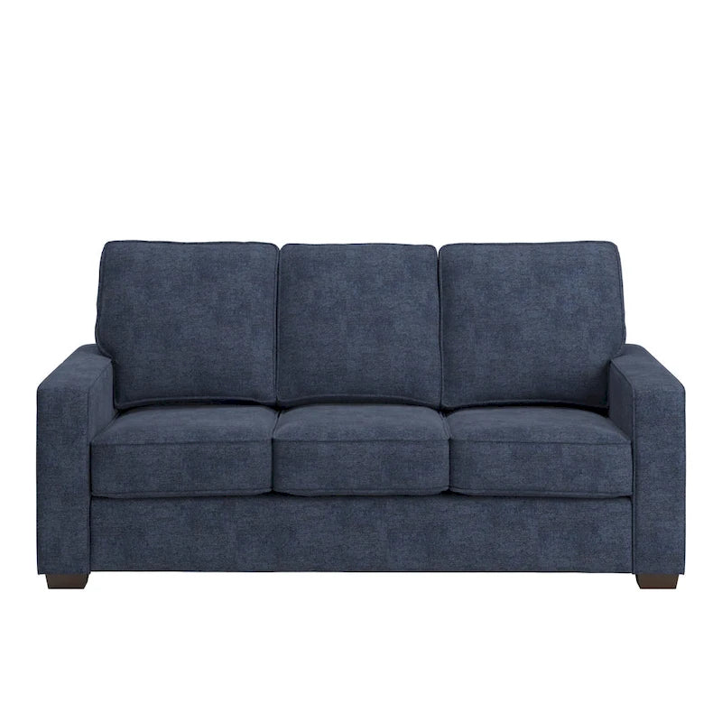 Canapé moderne en tissu à accoudoirs carrés, gris/noir/beige/marron/bleu, avec pieds en bois d'hévéa couleur expresso – 3 places