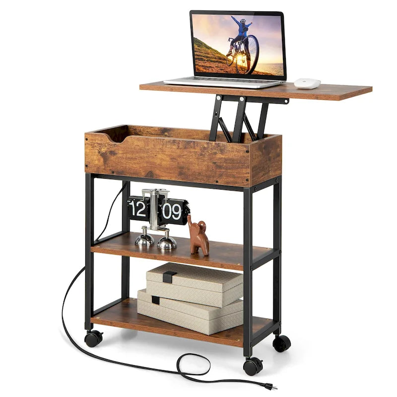 Table d'appoint marron à plateau relevable avec station de charge cachée, étagères de rangement et roulettes – Plateau en MDF