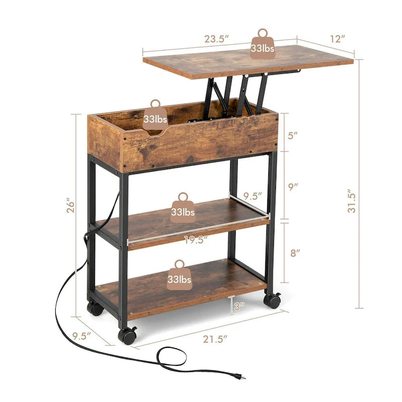 Table d'appoint marron à plateau relevable avec station de charge cachée, étagères de rangement et roulettes – Plateau en MDF