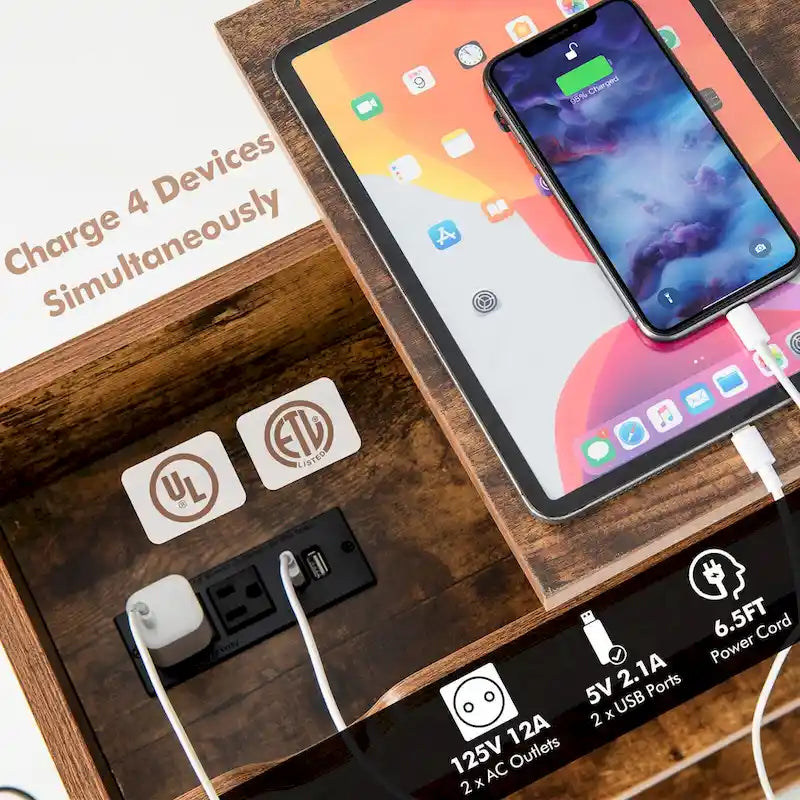 Table d'appoint marron à plateau relevable avec station de charge cachée, étagères de rangement et roulettes – Plateau en MDF