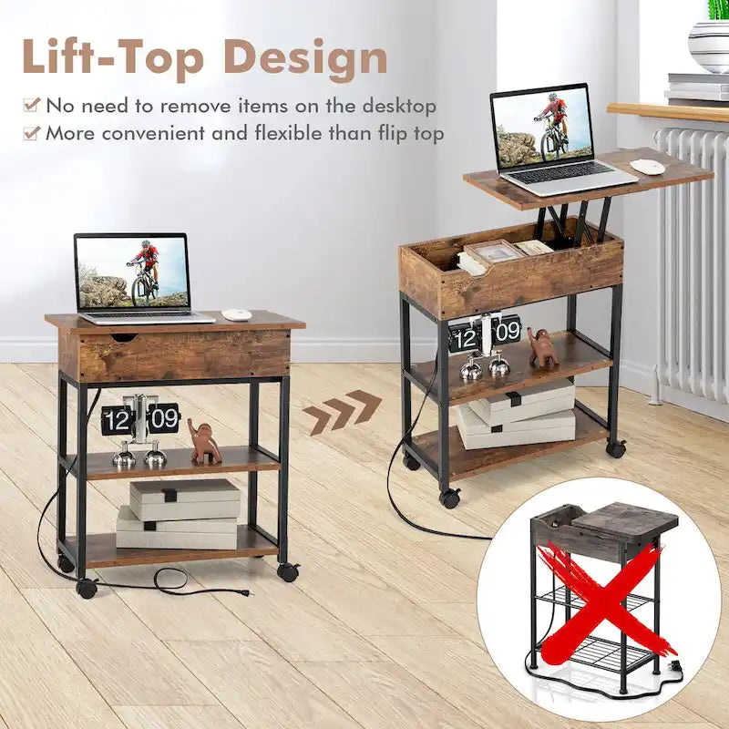 Table d'appoint marron à plateau relevable avec station de charge cachée, étagères de rangement et roulettes – Plateau en MDF