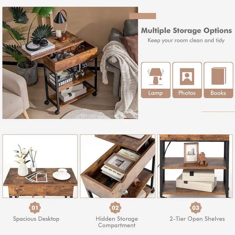 Table d'appoint marron à plateau relevable avec station de charge cachée, étagères de rangement et roulettes – Plateau en MDF