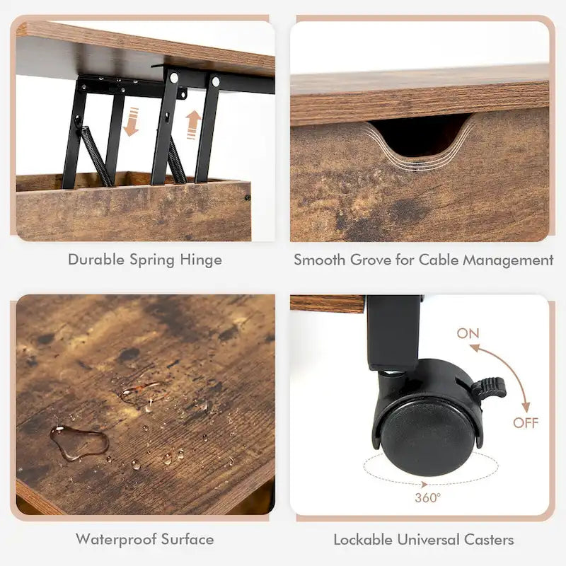 Table d'appoint marron à plateau relevable avec station de charge cachée, étagères de rangement et roulettes – Plateau en MDF