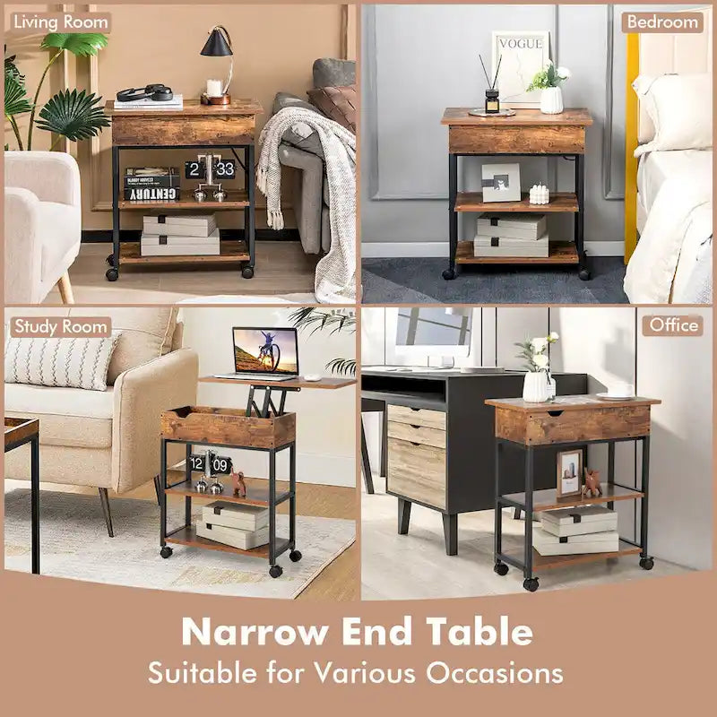Table d'appoint marron à plateau relevable avec station de charge cachée, étagères de rangement et roulettes – Plateau en MDF