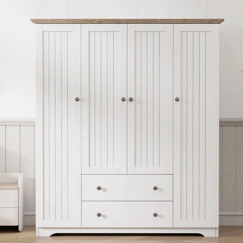 Armoire 4 portes marron/blanc avec 2 tiroirs et tringle à vêtements