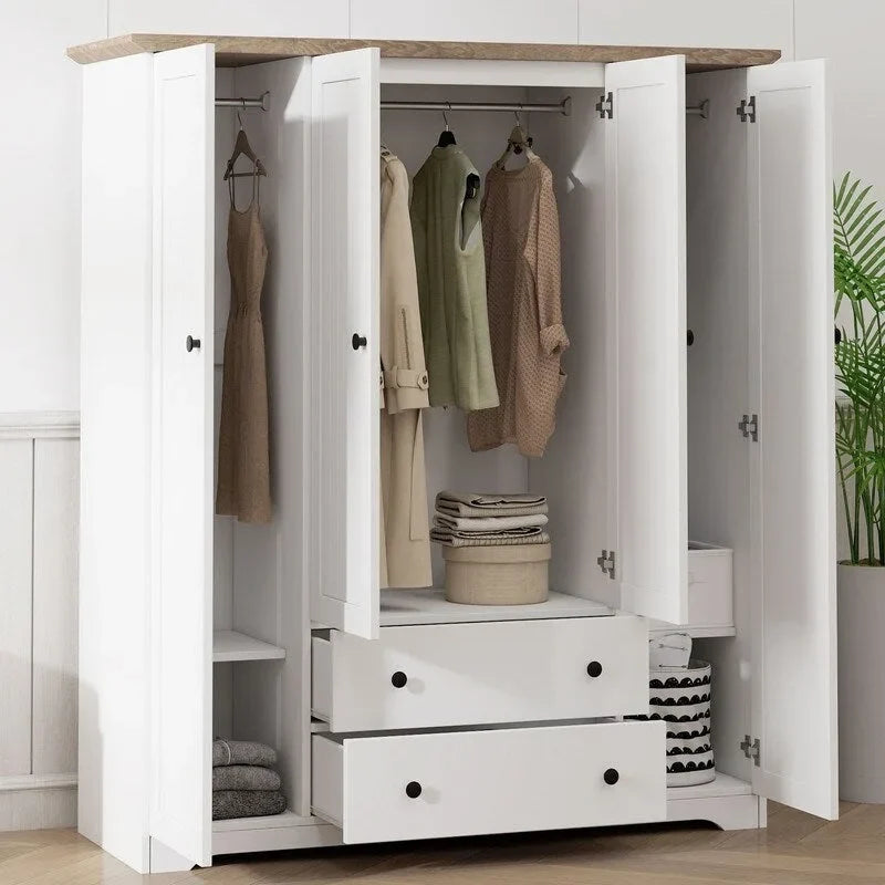 Armoire 4 portes marron/blanc avec 2 tiroirs et tringle à vêtements