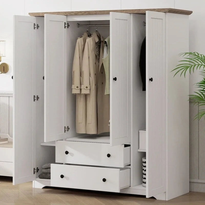 Armoire 4 portes marron/blanc avec 2 tiroirs et tringle à vêtements