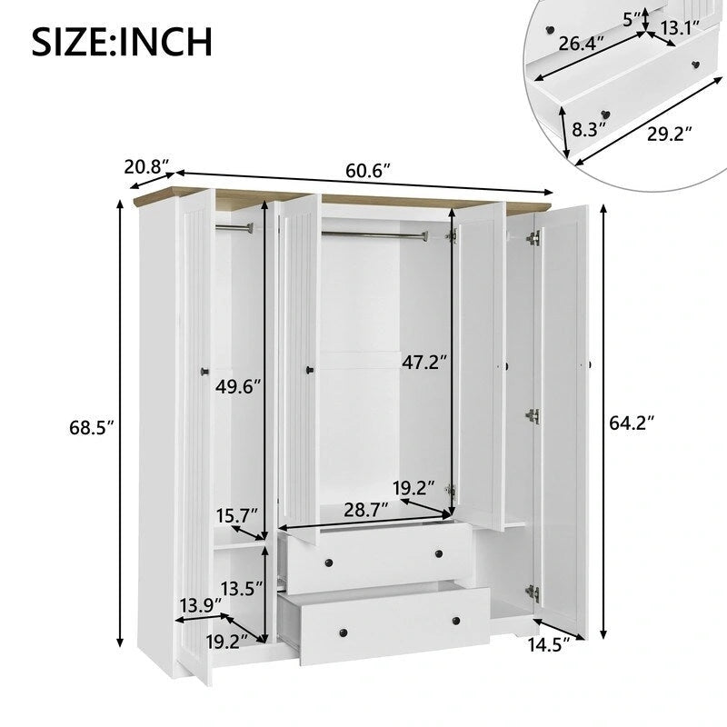 Armoire 4 portes marron/blanc avec 2 tiroirs et tringle à vêtements
