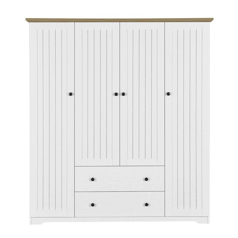 Armoire 4 portes marron/blanc avec 2 tiroirs et tringle à vêtements