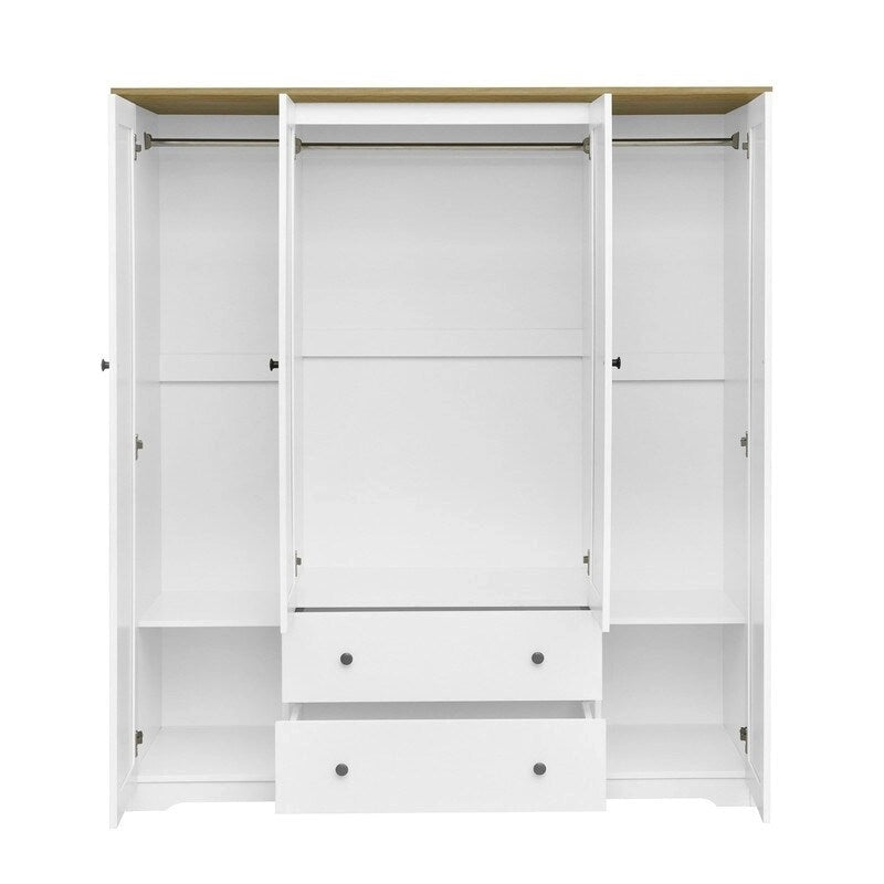 Armoire 4 portes marron/blanc avec 2 tiroirs et tringle à vêtements