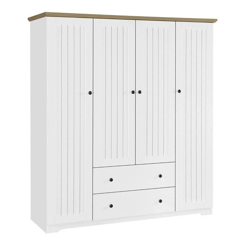 Armoire 4 portes marron/blanc avec 2 tiroirs et tringle à vêtements