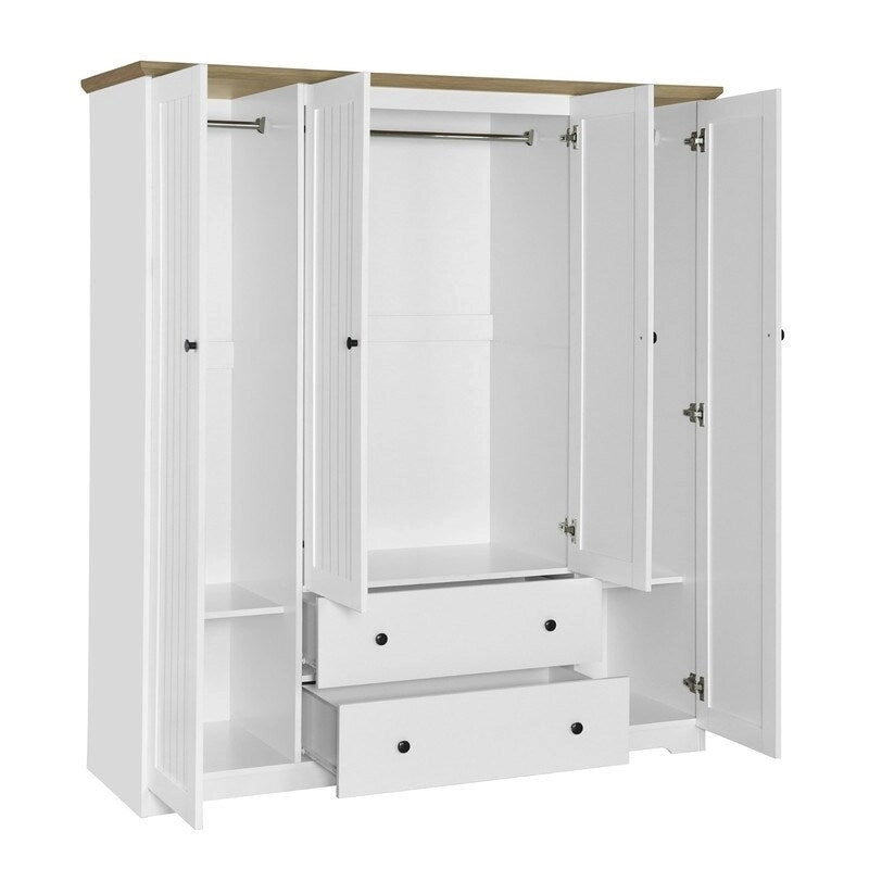 Armoire 4 portes marron/blanc avec 2 tiroirs et tringle à vêtements