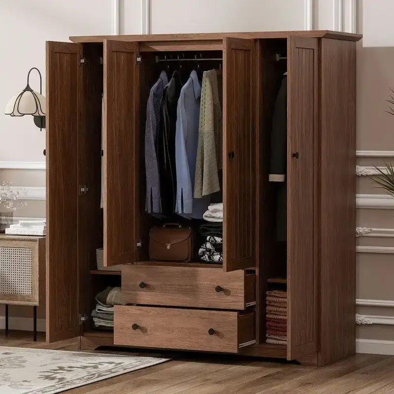 Armoire 4 portes marron/blanc avec 2 tiroirs et tringle à vêtements