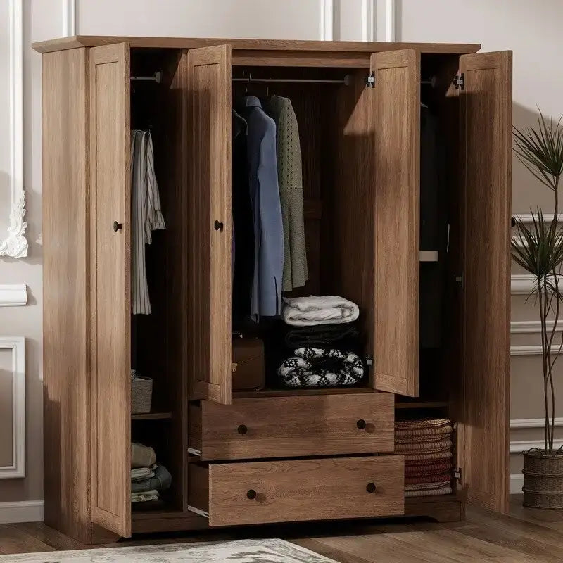 Armoire 4 portes marron/blanc avec 2 tiroirs et tringle à vêtements