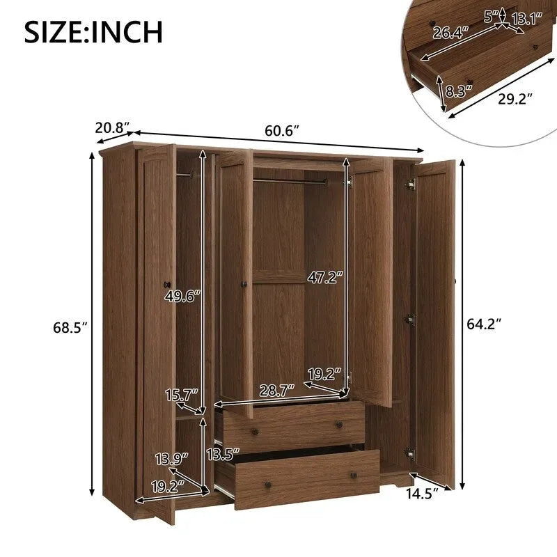 Armoire 4 portes marron/blanc avec 2 tiroirs et tringle à vêtements