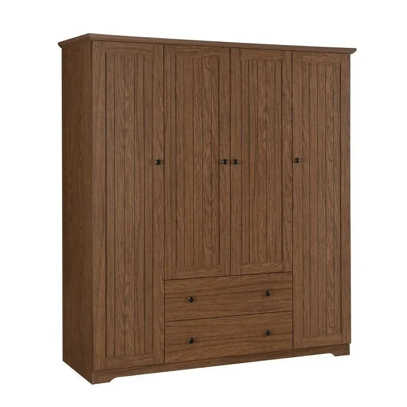 Armoire 4 portes marron/blanc avec 2 tiroirs et tringle à vêtements
