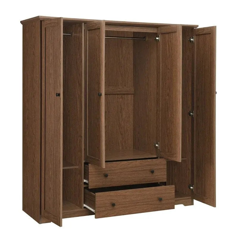 Armoire 4 portes marron/blanc avec 2 tiroirs et tringle à vêtements