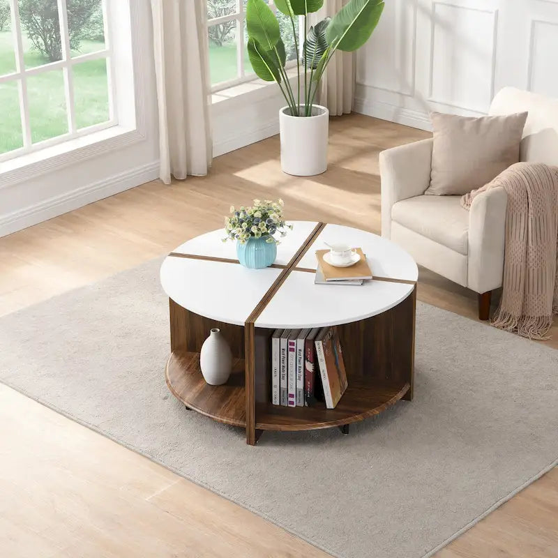 Table basse ronde blanche à double plateau avec rangement – 1 place