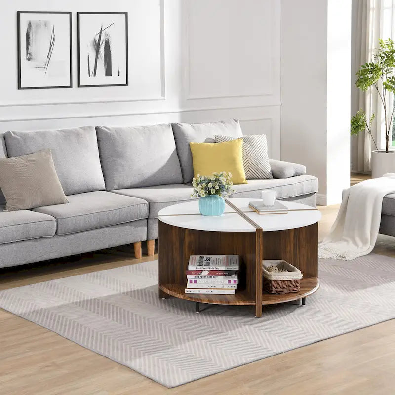 Table basse ronde blanche à double plateau avec rangement – 1 place