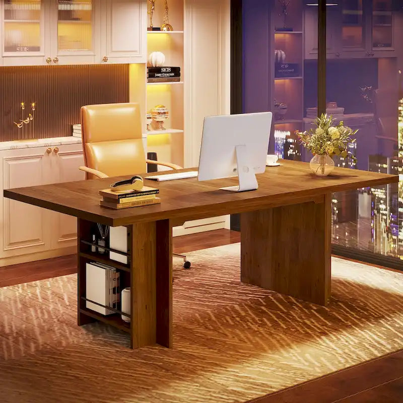 Bureau de direction 160 cm Noyer/Naturel/Marron avec deux étagères de rangement latérales