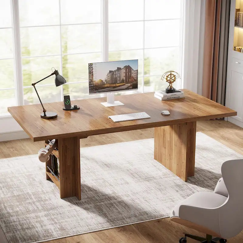 Bureau de direction 160 cm Noyer/Naturel/Marron avec deux étagères de rangement latérales