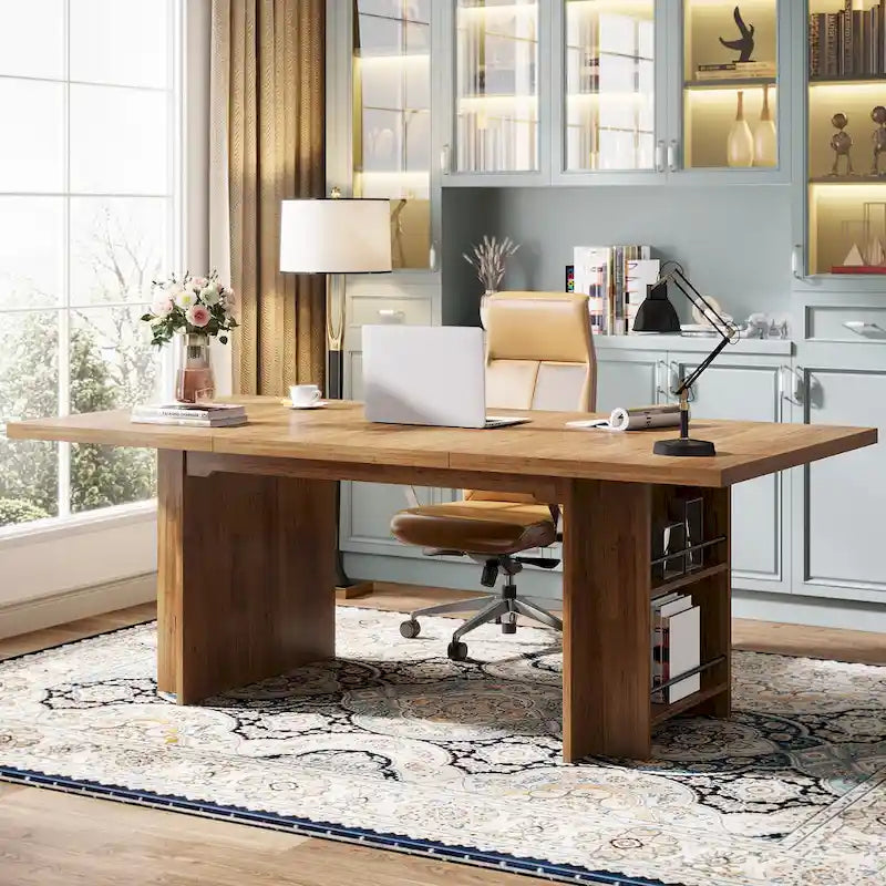 Bureau de direction 160 cm Noyer/Naturel/Marron avec deux étagères de rangement latérales