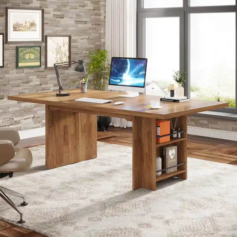 Bureau de direction 160 cm Noyer/Naturel/Marron avec deux étagères de rangement latérales