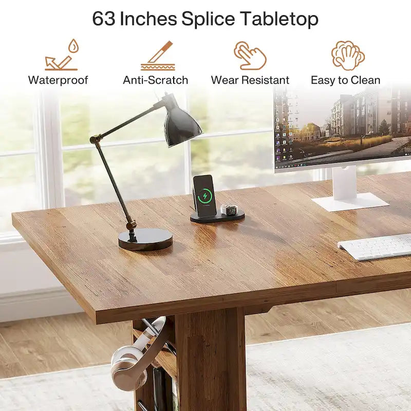 Bureau de direction 160 cm Noyer/Naturel/Marron avec deux étagères de rangement latérales