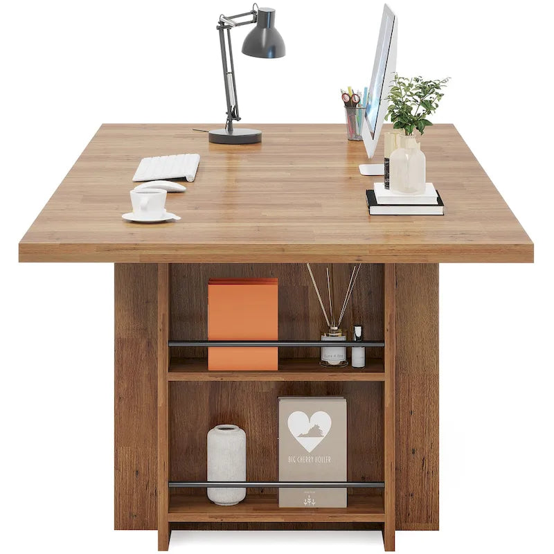 Bureau de direction 160 cm Noyer/Naturel/Marron avec deux étagères de rangement latérales